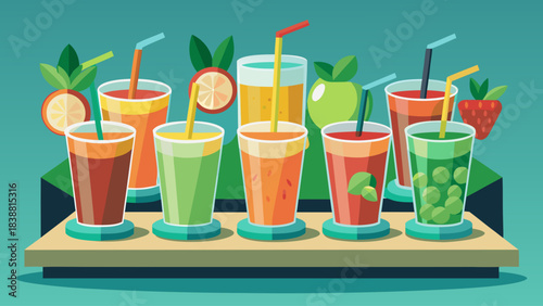 A colorful assortment of drinks with straws in them. The drinks are arranged in a row on a table
