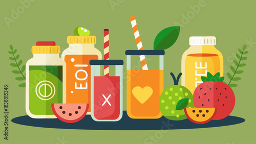 A green background with a variety of fruit and juice in glass containers. The juice containers are labeled with the letters EOI