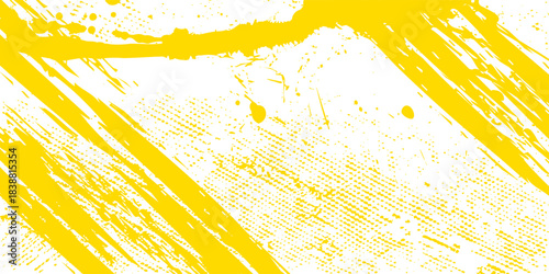 Yellow brush stroke background. Yellow ink splash on backdrop. Brush background for wallpaper, paint splatter template, dirt banner, watercolor design, dirty texture. Trendy brush background, eps 10