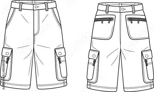 Cad drawing flat vector illustration, cargo shorts technical sketch, fashion design template, apparel blueprint, garment construction, clothing pattern layout