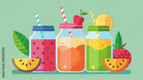 Three colorful drinks in mason jars with straws and fruit slices on a green background. The drinks are a mix of fruit juices and smoothies