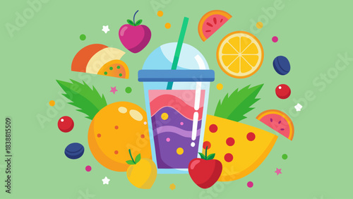 A green background with a drink and fruit on it. The drink is in a straw and the fruit is in a cup
