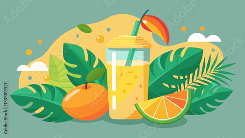 A tropical drink with a straw and a slice of orange and a slice of lime. The drink is in a glass and is surrounded by leaves