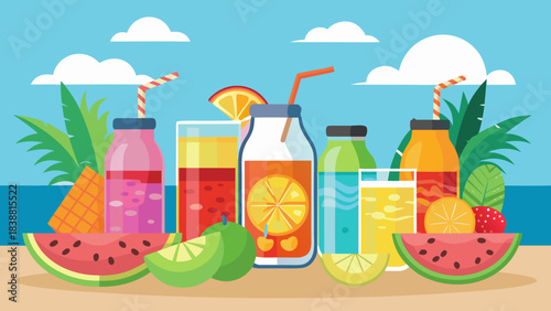 A colorful assortment of fruit juices and water bottles are displayed on a table. Concept of freshness and health, as the drinks are made from natural ingredients and are served in reusable containers