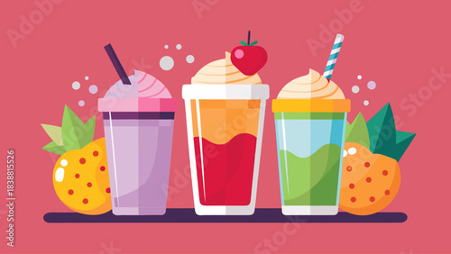 Three colorful drinks with straws and a pineapple on a red background. The drinks are in tall glasses and the pineapple is on the right