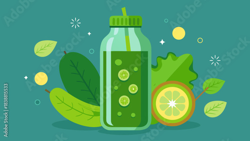 A green juice bottle with a lime and a leaf on top. The bottle is on a blue background