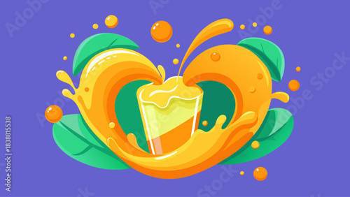 A colorful image of a glass of orange juice with a leafy green background. The juice is splashing out of the glass, creating a sense of motion and energy. Scene is vibrant and refreshing