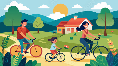 A family of four is riding bikes in a park. The man is on the left, the woman is in the middle, and the two children are on the right. The scene is bright and cheerful