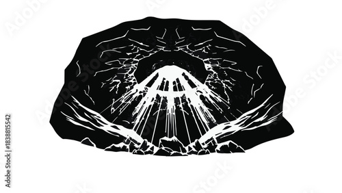 Mysterious cave entrance with dramatic light rays illuminating the darkness