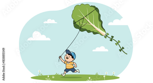 A playful illustration of a happy boy flying a large lettuce kite in a sunny grassy field with clouds, showcasing childhood imagination and outdoor fun.
