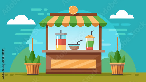 A colorful food stand with a green awning and a variety of drinks and food items. The stand is located in a park and has potted plants surrounding it
