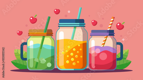 Three mason jars filled with different colored drinks and straws. The jars are on a pink background