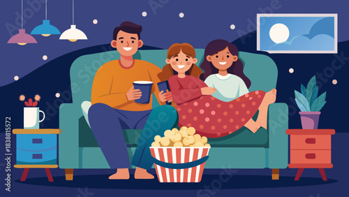 A family of three is sitting on a couch, eating popcorn and watching a movie. Scene is relaxed and cozy, as the family is enjoying a shared activity together