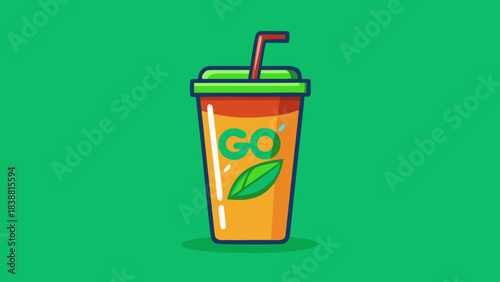 A green background with a cup of orange juice with a green straw and the word GO on it