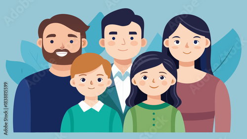 A family of five people are smiling and looking at the camera. The family consists of a man, a woman, and three children. The image has a happy and warm mood, conveying the idea of a loving