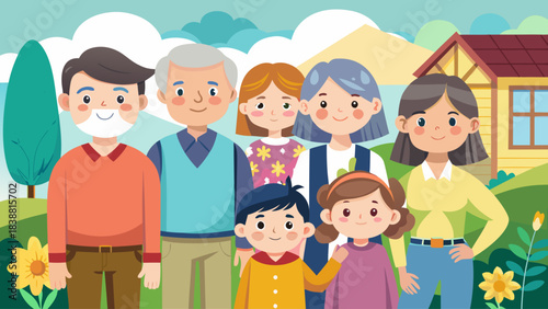 A family of seven people are standing in a field with a house in the background. The family appears to be happy and enjoying each other's company