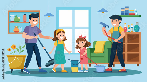 A family is cleaning a house together. The father is holding a broom and the mother is holding a bucket. The children are also helping with the cleaning. Scene is happy and family-oriented