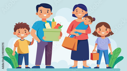 A family of five is standing outside with a woman holding a green shopping bag. The family is smiling and he is happy