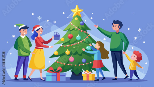 A family is gathered around a Christmas tree, with a man reaching for a star on top. The scene is festive and joyful, with everyone participating in the holiday tradition