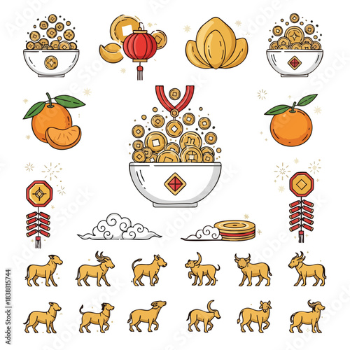 A vibrant collection of Chinese New Year icons featuring gold coins, lanterns, oranges, and goats on a white background. Perfect for celebrations, festive designs, and cultural symbols.