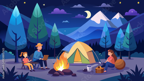 A family is sitting around a campfire in the woods. A man is sitting on a chair with a laptop in front of him. A woman is sitting on a blanket with a basket next to her