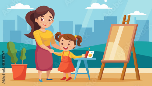 A woman is holding a child's hand and smiling. The child is standing next to a painting easel