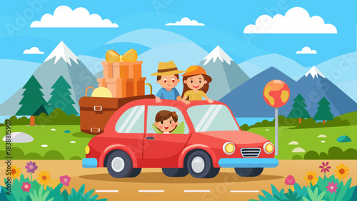 A family of three is driving a red car on a road with mountains in the background. The car is filled with luggage, and the family appears to be on a road trip
