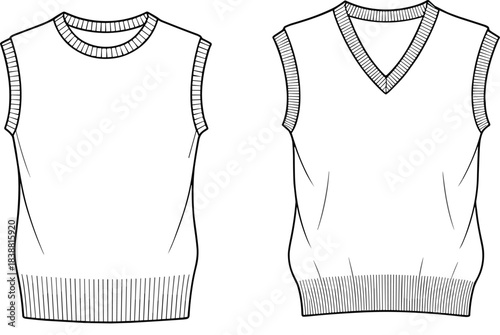 Cad drawing flat vector illustration, sweater vest fashion sketch, sleeveless knitwear design template, clothing pattern layout, neckline comparison view