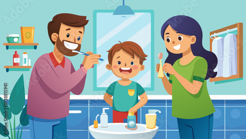 A family of three is brushing their teeth together in a bathroom. The father is brushing his teeth while the mother and child are brushing theirs. Scene is happy and family-oriented