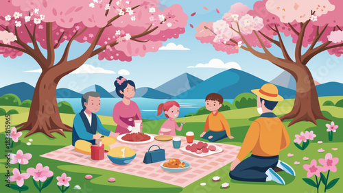 A family is having a picnic in a park with a beautiful view of the mountains. The family consists of a man, a woman, and three children. They are sitting on a blanket and enjoying their meal together
