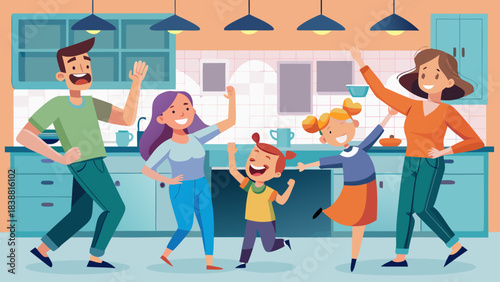 A family is playing in the kitchen. The man is smiling and the woman is laughing. The children are running around and having fun