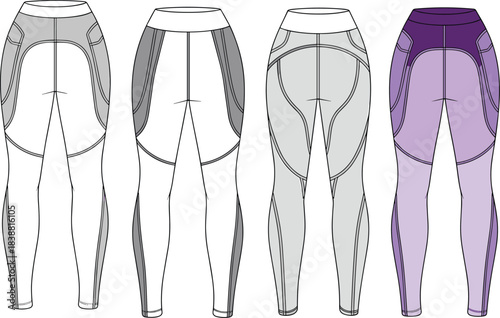 Athletic leggings back view fashion sketch, seam variations, purple color, CAD drawing flat vector illustration, sewing pattern design