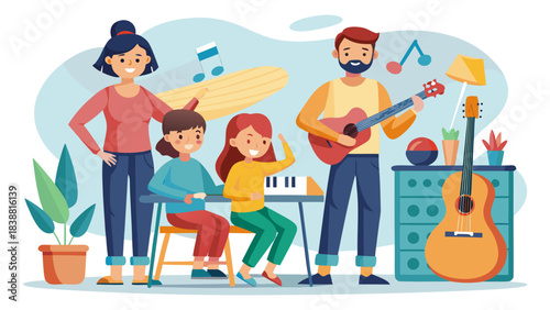 A family of four is playing music together, with a man playing a guitar. The scene is bright and cheerful, with a sense of togetherness and joy