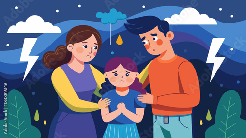 A family is hugging each other in the rain. The woman is crying and the man is trying to comfort her. The sky is dark and stormy, with lightning in the background. Scene is sad and emotional