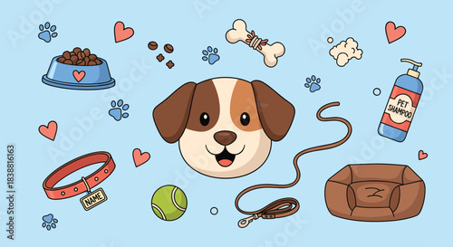 A charming dog care collection featuring a cute dog face, collar, leash, food bowl, toys, shampoo, and bed, for a happy pet.