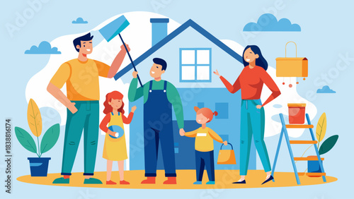 A family of four is standing in front of a house, with a man holding a paintbrush. Scene is cheerful and family-oriented