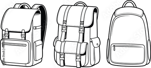Backpack design sketch front view, buckle and zipper styles, CAD drawing flat vector illustration, bag pattern template, fashion accessory