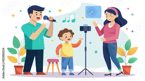 A man and a boy are singing and a woman is recording them. The man is holding a microphone and the boy is holding a camera. The woman is smiling and she is enjoying the moment. The scene is lively