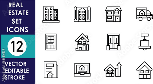 Clean line-art real estate icon set featuring buildings, houses, apartments, and moving services displayed in a minimalist grid layout with editable stroke design elements