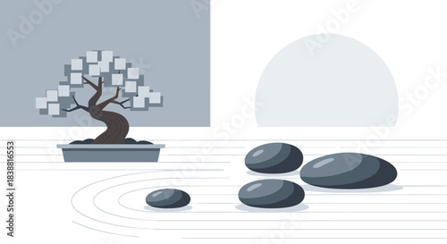 Tranquil zen garden scene with a pixel art bonsai tree, smooth grey meditation stones, and raked sand patterns for relaxation.