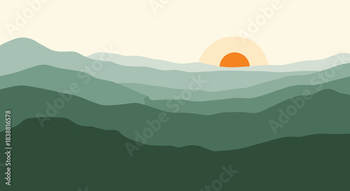 Serene landscape with layers of green mountains and hills at sunrise or sunset, creating a tranquil and peaceful natural scene.
