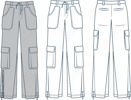 Cargo pants fashion sketch, drawstring hem, patch pockets, belt loops, technical illustration, garment design, sewing pattern
