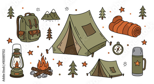 Essential camping gear and outdoor adventure elements, including tents, a backpack, sleeping bag, campfire, lantern, compass, and thermos.