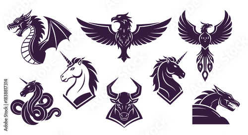 Collection of powerful mythical creature logos and mascots, featuring dragons, phoenixes, unicorns, and bulls, symbolizing strength and fantasy.