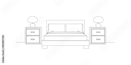 Bedroom furniture line drawings For advertising bedroom furniture, textiles, coziness, comfort. Renting and buying real estate, booking a room. Vector