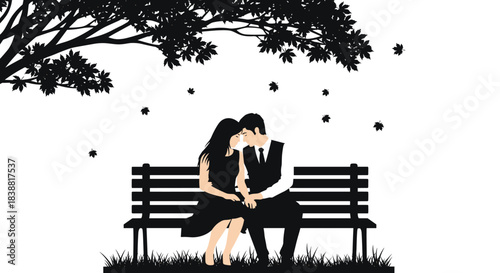 Romantic silhouette of a couple sitting closely on a park bench under a tree, with falling leaves, symbolizing love and togetherness.