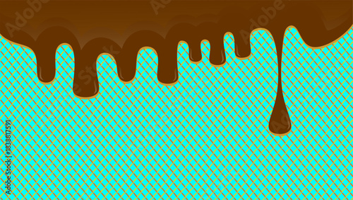 Hot chocolate drip illustration. Melting chocolate on waffle background. Drippy ice cream vector design. Wavy choco melt border. Brown chocolate drips illustration.