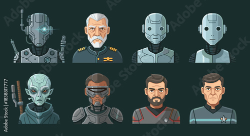 Diverse collection of pixel art sci-fi character busts, including robots, aliens, and human captains, representing future and space themes.