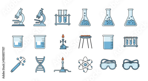 Extensive icon set for chemistry laboratory equipment and science, including microscopes, test tubes, beakers, flasks, Bunsen burners, and DNA.