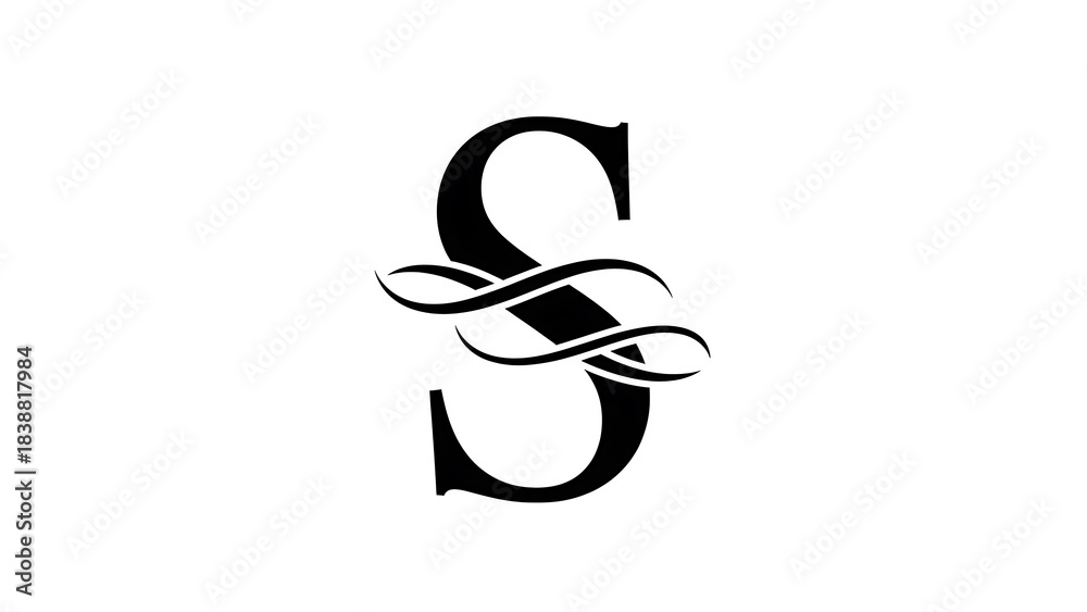 Naklejka premium Elegant Black Monogram Letter S with Decorative Swirl Design on White Background